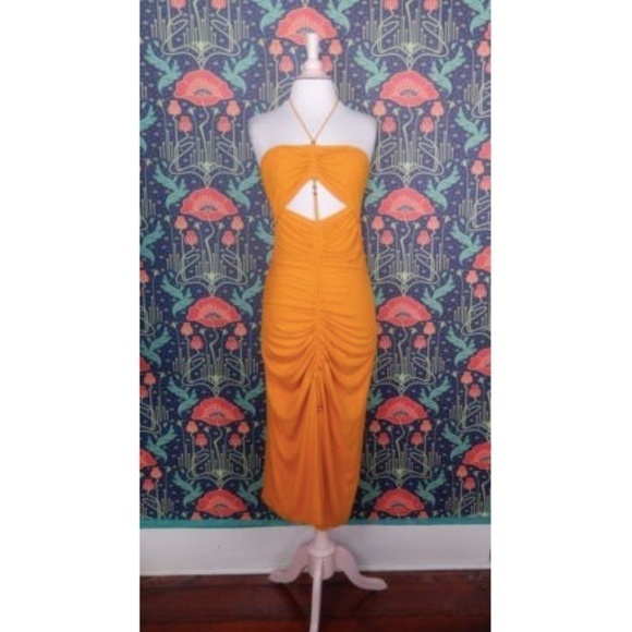 AmyLynn Mustard Yellow Orange Halter Knit Sexy Cut Out Vega Dress - Picture 2 of 7